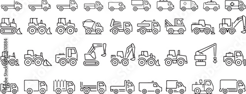 Outline icons of various trucks construction vehicles and utility vehicles transport