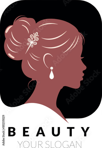 Sophisticated womans profile with a chic updo, featuring a decorative hair clip and elegant earring, ideal for beauty and fashion concepts