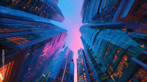 Tall glass skyscrapers illuminated with vibrant pink and blue light architecture city