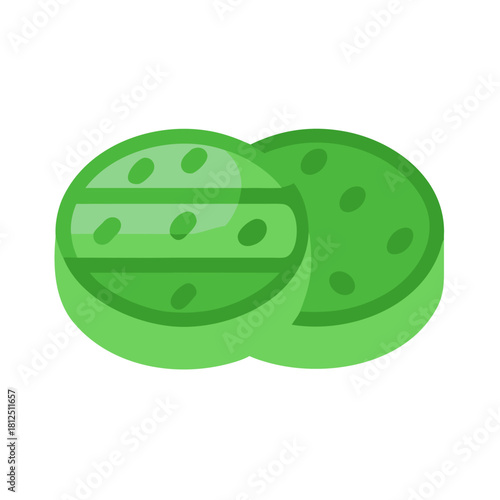 Two green lozenges with darker spots and stripes on a black background