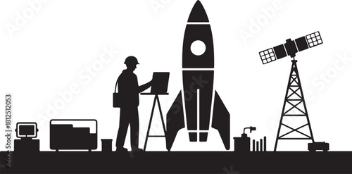 Silhouette of astronaut and rocket with satellite dish and equipment launchpad space