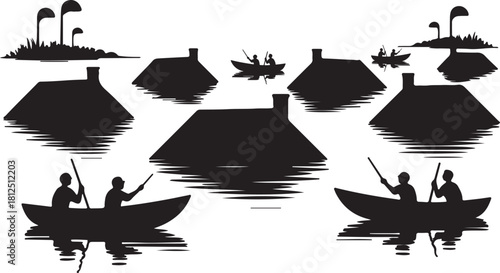 Silhouette of boats and houses on water with stylized trees river canal