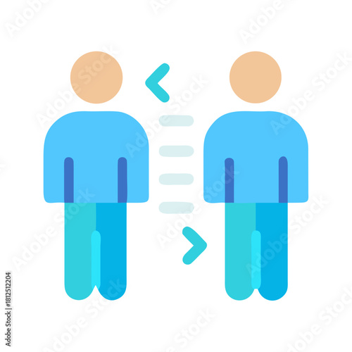 Flat illustration depicting communication between two people with message transfer arrows