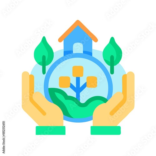 Hands holding nature scene with house and tree representing environmental protection