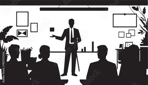 Silhouette of speaker in a room with plants and screens presenting to audience business