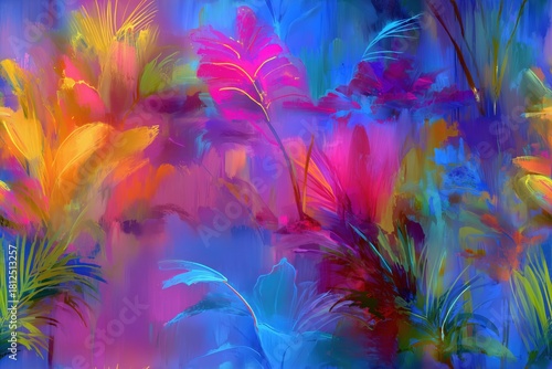 Seamless pattern of painted plants with bright colors and soft glow creating vibrant tropical scene in dreamy artistic nature design