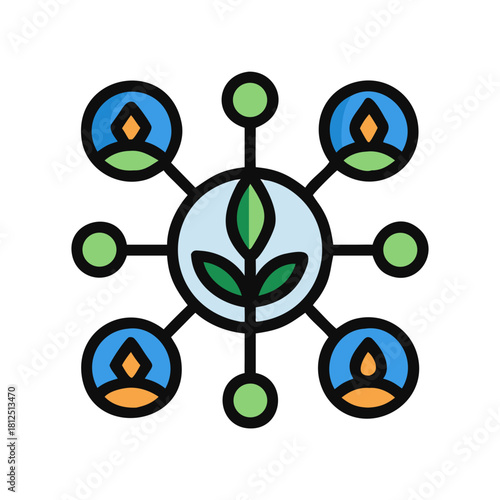 Interconnected environmental network featuring a central plant with circular nodes linking people