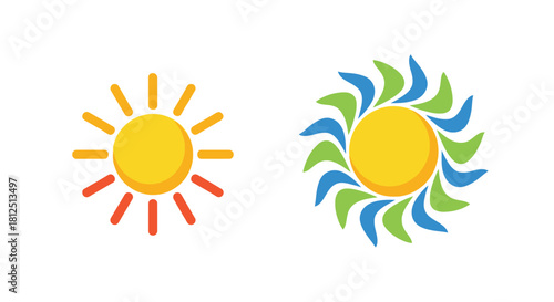 Two stylized sun icons one yellow and one with blue and green rays