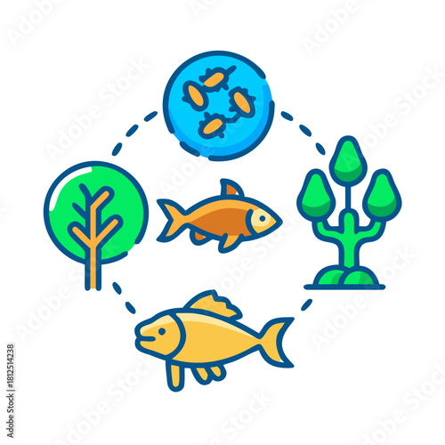 Ecosystem Icon: Illustration of Aquatic and Terrestrial Life in a Cycle