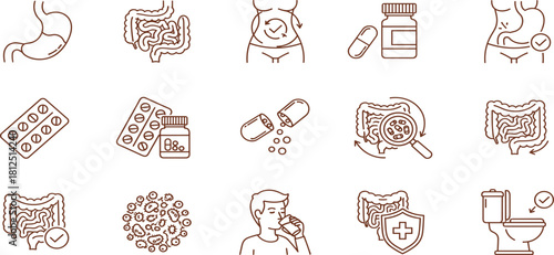 Gut health and digestive wellness icon set. Linear symbols for probiotics, stomach, intestines, medication, and treatment