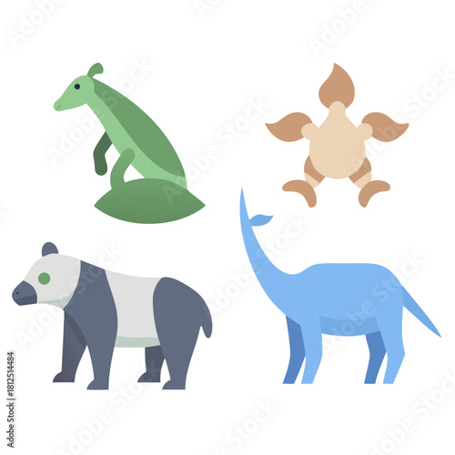 Stylized flat vector illustration of diverse animals including a panda and dinosaurs on black