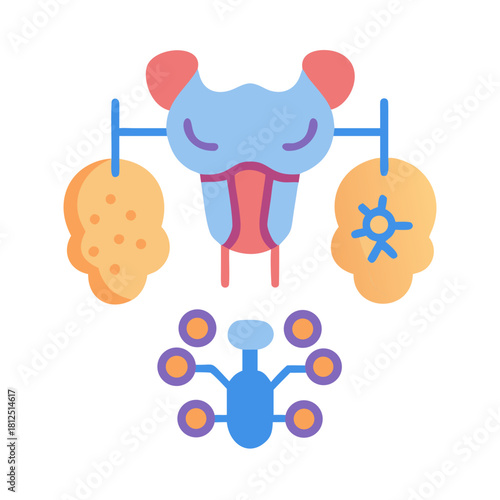 Flat design illustration of thyroid gland, nodules, and connected molecule on black background