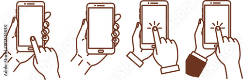 Hand gestures using a smartphone, phone screen tap, and holding mobile device vector line icons