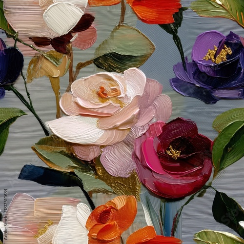 Seamless pattern of painted flowers with bright colors and thick strokes creating vibrant floral pattern in artistic nature scene