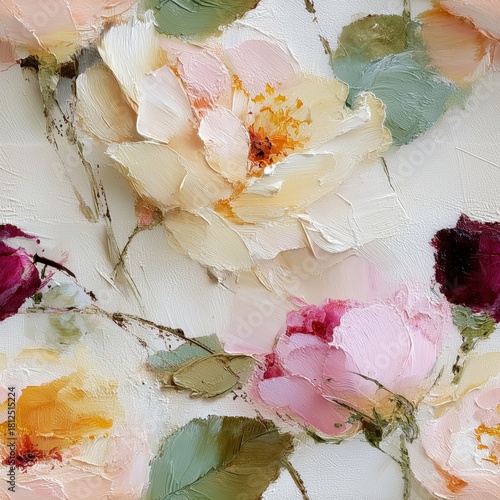 Seamless pattern of painted flowers with soft colors and thick strokes creating delicate floral pattern in bright artistic nature scene