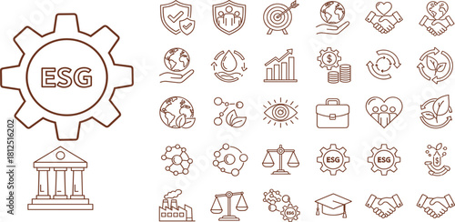 Set of thin line icons for Environmental, Social, and Governance concepts, illustrating sustainable and ethical business practices