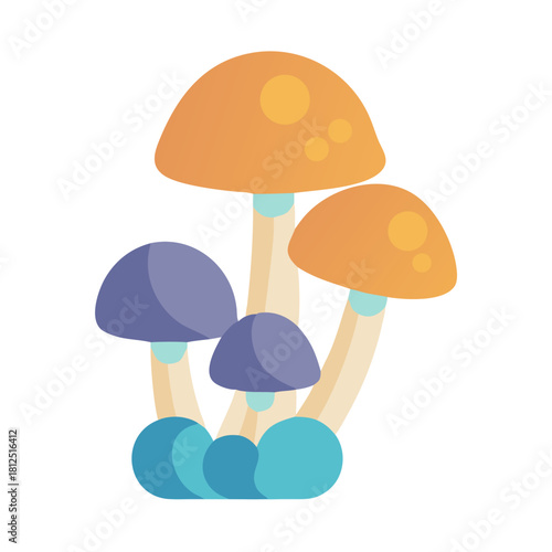 Illustration of colorful mushrooms on black background showcasing nature and whimsical designs