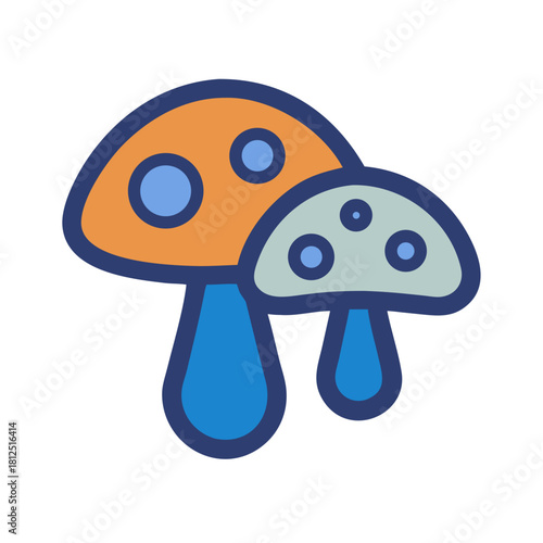 Two whimsical mushrooms with orange and gray caps, set against a black background