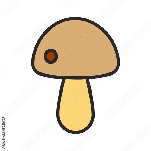 Cartoon style mushroom illustration in tan and yellow on a black background