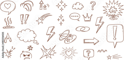 A versatile collection of hand-drawn sketch icons and doodle symbols for comics, manga, and graphic design, featuring speech bubbles, lightning bolts, and emotional expressions