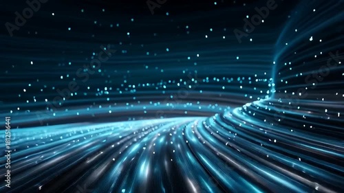 Abstract Blue Light Streaks and Particles Flowing Through Digital Space.