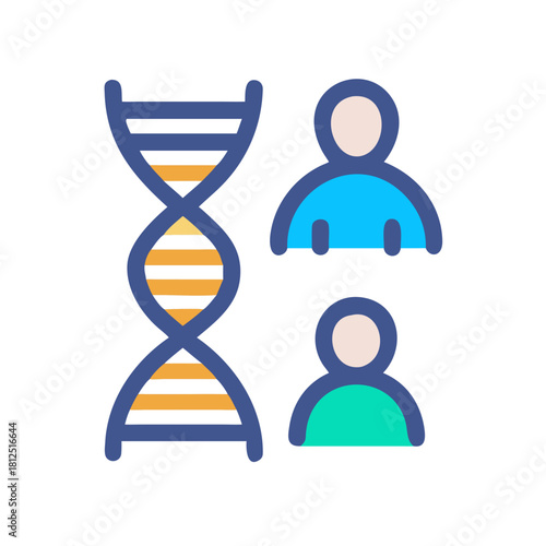 Iconic DNA structure with human figures representing genes and heredity concept