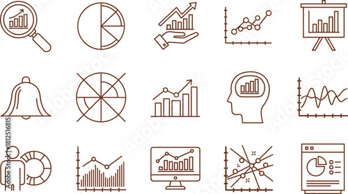 A versatile set of thin line icons representing data analysis, business intelligence, charts, and financial reporting for infographics