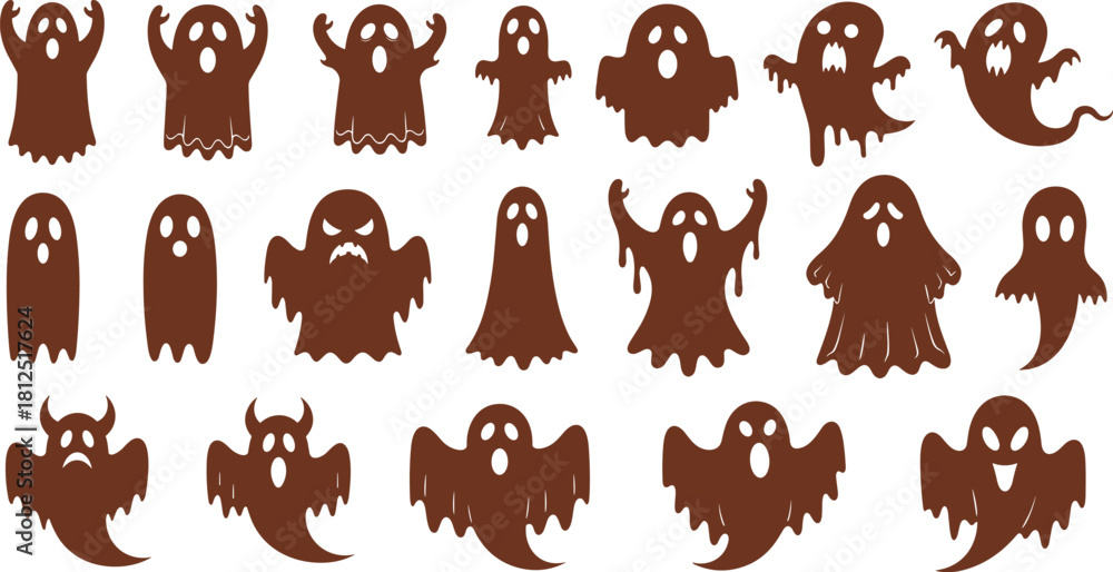 Fototapeta premium Spooky Halloween Ghost Icons Collection - A Variety of Cartoonish and Eerie Ghost Silhouettes for Festive Decorations and Designs