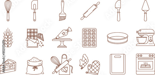 A set of minimalist outline icons representing essential baking tools, pastry equipment, and confectionery ingredients for culinary design