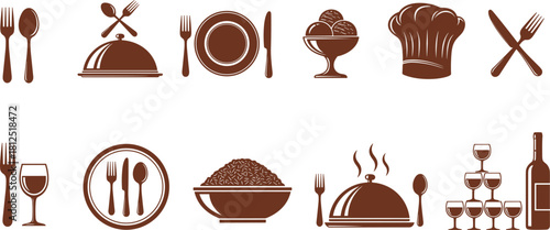 Collection of Culinary and Dining Icons Dishes, Cutlery, and Beverages for Menu Design and Restaurant Concepts