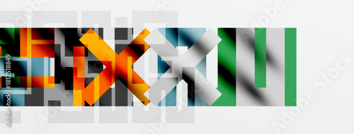 Abstract geometric shapes overlap, creating colorful patterns. Design features sharp angles, varied textures, modern aesthetic.