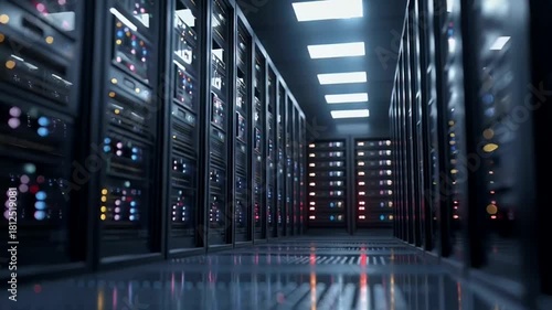 Modern Server Room with Racks of Computers and Blinking Lights.