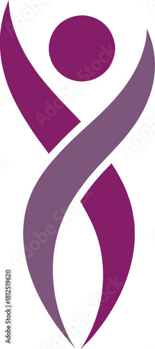 Stylized purple human figure with raised arms, symbolizing celebration, success, community, and wellness, white