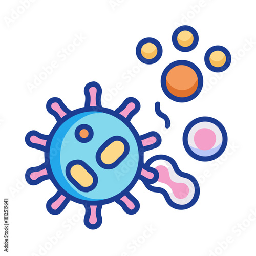 Illustration of a colorful stylized virus cell against a black background