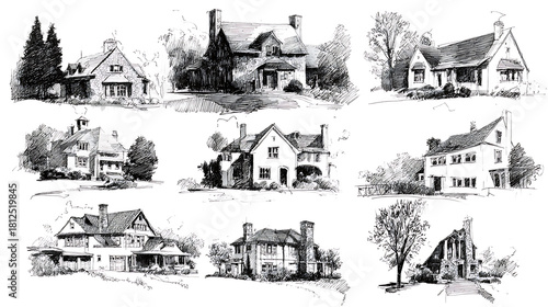Various detailed architectural sketches of residential homes and a church drawing black and white