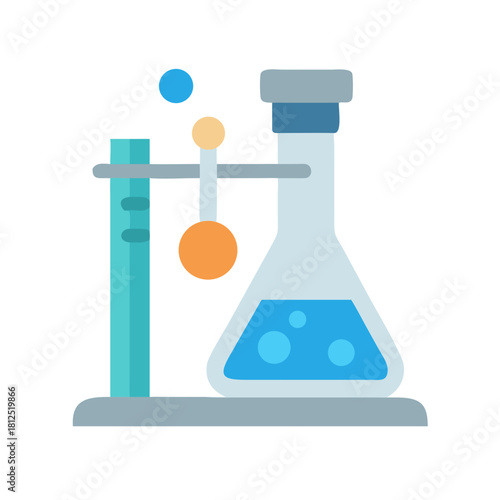 Science lab glassware illustration showing chemical reaction and scientific experiment flat vector