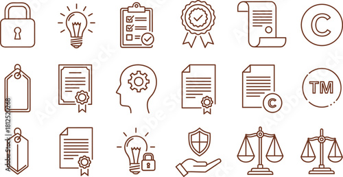 Vector line art icon set for intellectual property, legal protection, business security, and innovation, ideal for various design projects and conceptual representations
