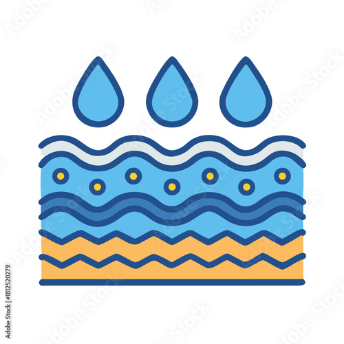 Hydrated skin layer illustration with water drops and multiple layers on black background