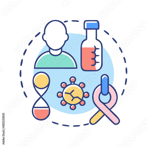 Medical Research Concept Image: Person, Beaker, Hourglass, Virus, and Ribbon on Black