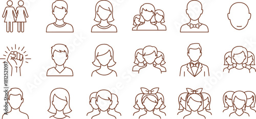 Outline user profile icons set, featuring diverse male and female avatars, people groups, and gender-neutral figures for web interfaces, applications, and general visual design
