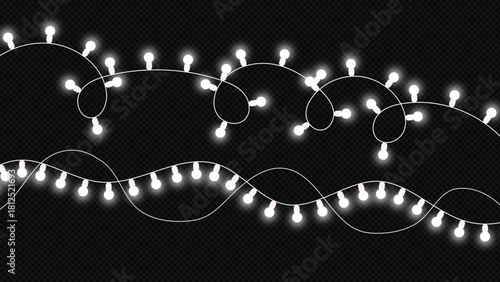 Bright glowing white string lights, perfect for festive holiday decorations, celebrations, party backdrops, or adding a joyful atmosphere to any design.