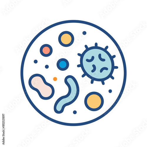 Petri dish illustration with microorganisms and bacteria in light blue and yellow tones