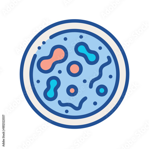Iconographic representation of cell culture inside petri dish showing abstract cell shapes