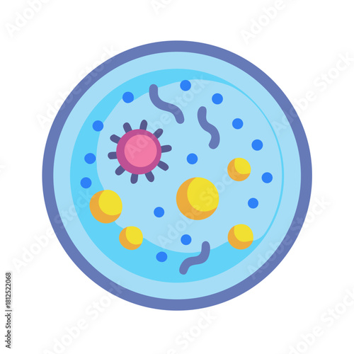 A petri dish illustration showing bacterial and viral growth in a blue liquid medium