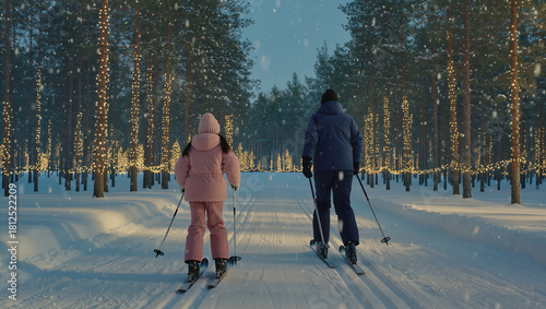 Two children ski through a snowy forest lined with glowing Christmas lights, surrounded by gently falling snow.	