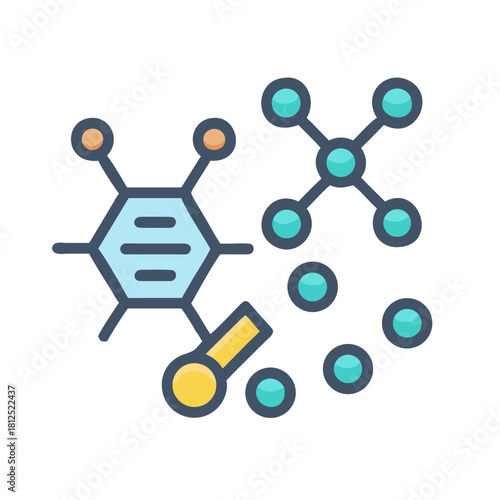 Stylized icon of molecules and a lab tool against a black background.