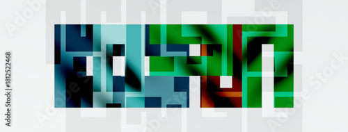 Abstract pixelated design. Colors blend, creating geometric shapes. White background emphasizes vibrant hues. Modern digital art.