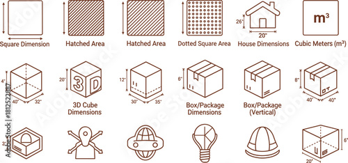 Set of icons depicting measurements, dimensions, packaging, and building concepts