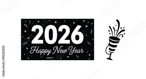 Festive new year 2026 graphic with party horn and celebratory sparkles