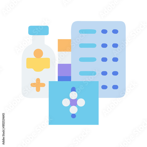 Pharmaceutical icons set depicting medicine bottle, blister pack and pills isolated on black